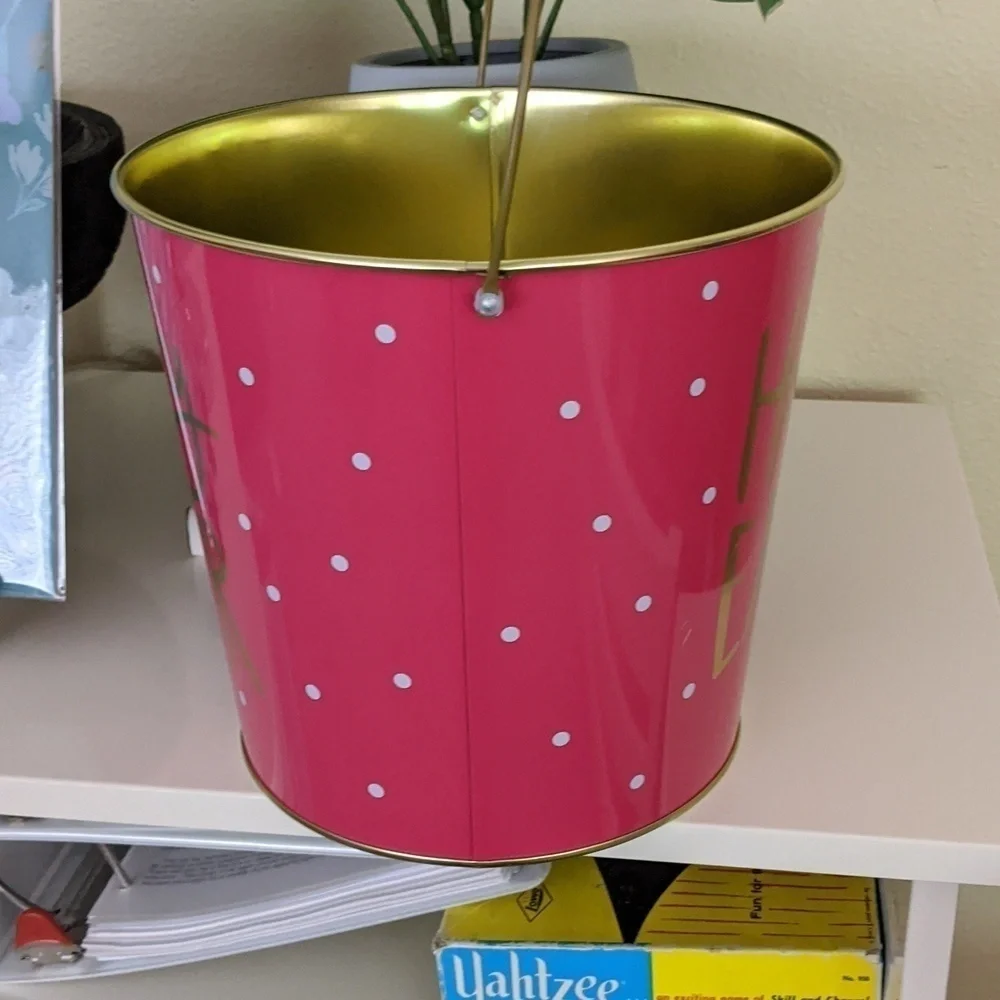 Easter Basket Bucket Pail Metal Pink Gold Polkadot Basket Roomy Egg Hunt Handle